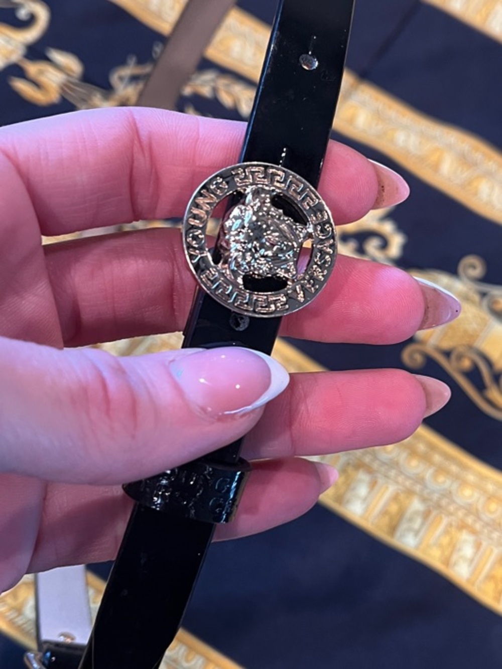 Versace Black Patent Leather Belt with Golden Medusa Buckles and Ornate details